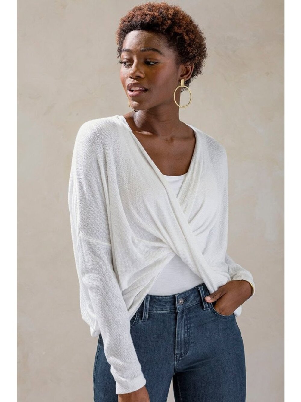 Prana Narcisso Twist Front Sweater Small White Lightweight Draped Front Yoga